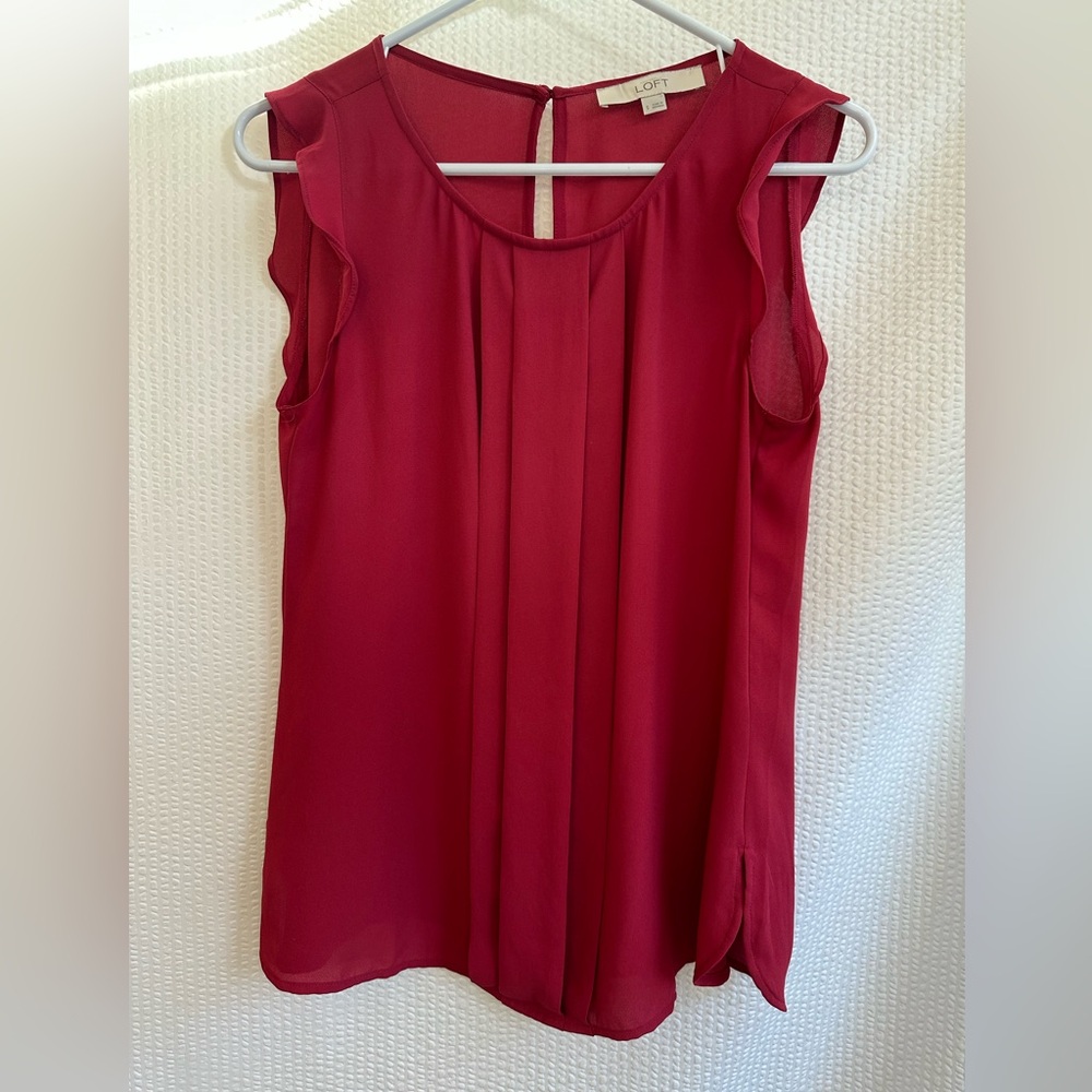 LOFT Sleeveless Ruffled Pleat Front Blouse in Deep Red